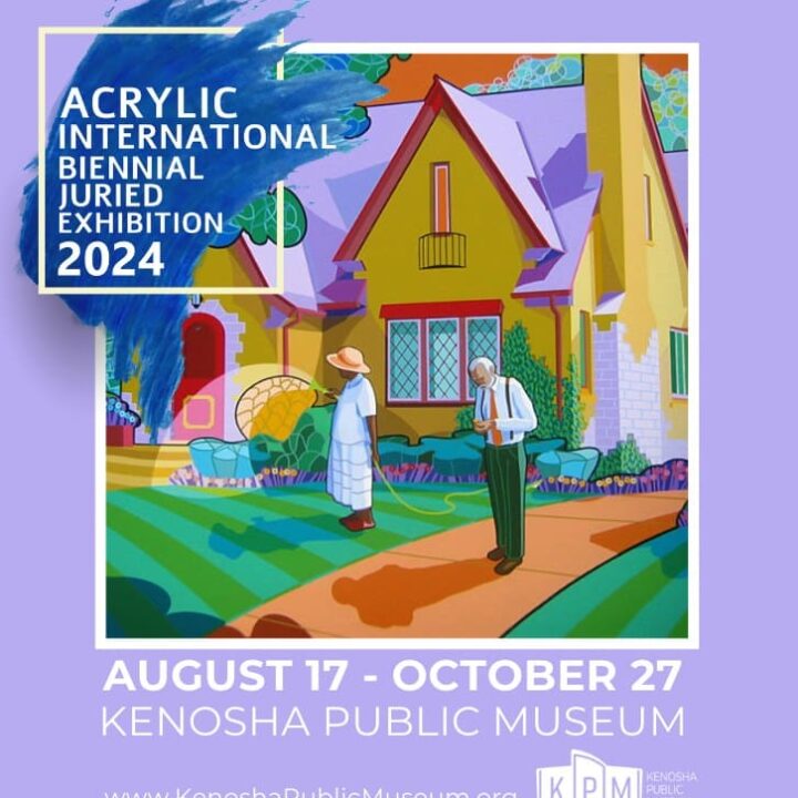 Vibrant painting of a house and garden with two people, promoting an art exhibition.