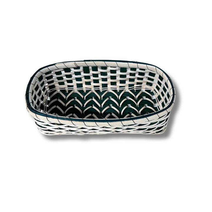 BasketOutsideIn_720x720 Rectangular woven basket with dark green and white pattern.