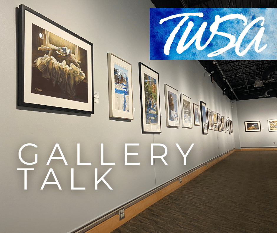 Art gallery with various paintings on a gray wall and "TWSA" logo in top corner; text reads "GALLERY TALK."
