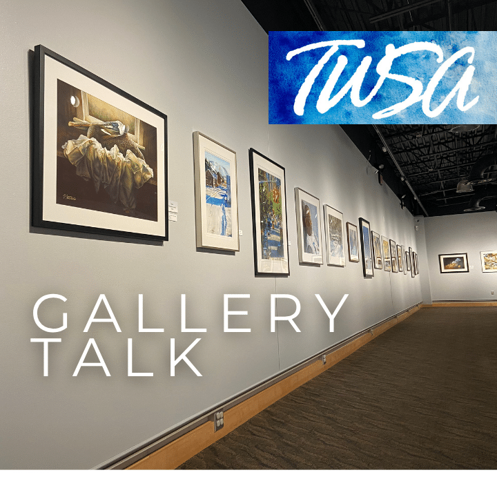 Art gallery with various paintings on a gray wall and "TWSA" logo in top corner; text reads "GALLERY TALK."